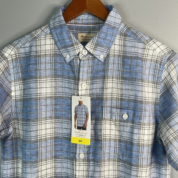 WEATHERPROOF NWT Mens Linen Blue Plaid Short Sleeve Button Down Shirt Preppy S - Picture 4 of 14